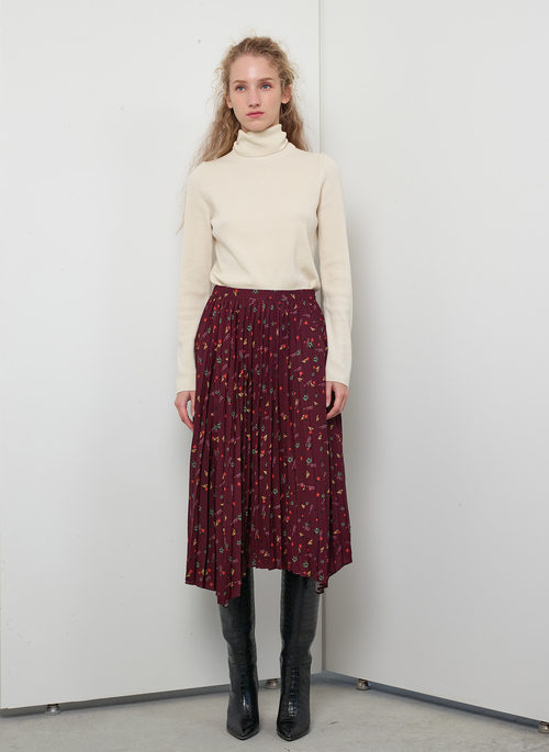 printed pleats mid skirt (burgundy)